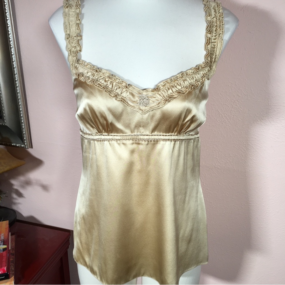 Ellie Tahari Gold Silk Satin Victorian Ruffle sweetheart neckline Camisole top - Picture 14 of 16